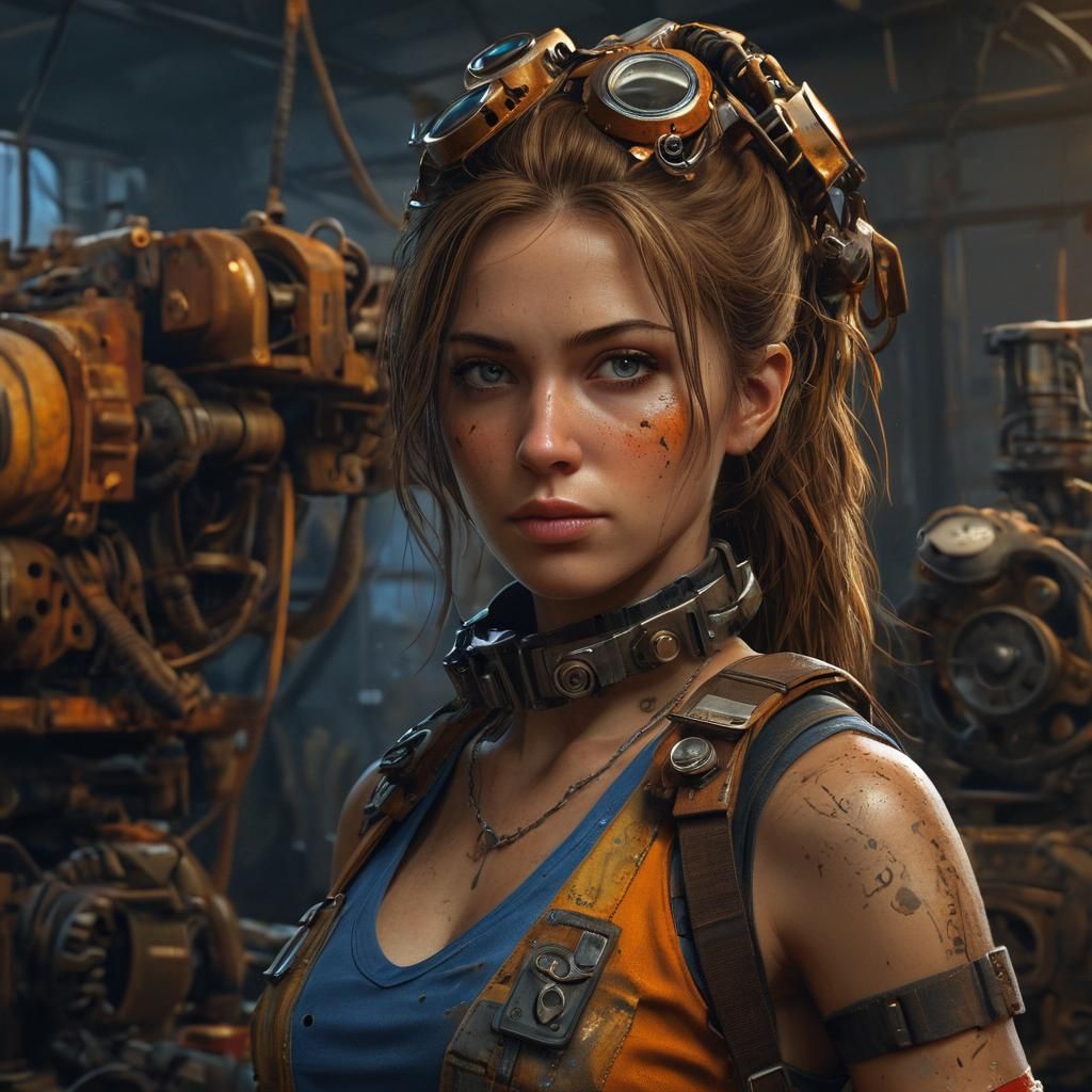 Hyper-Realistic Post-Apocalyptic Mechanic in Warm, Golden Li...