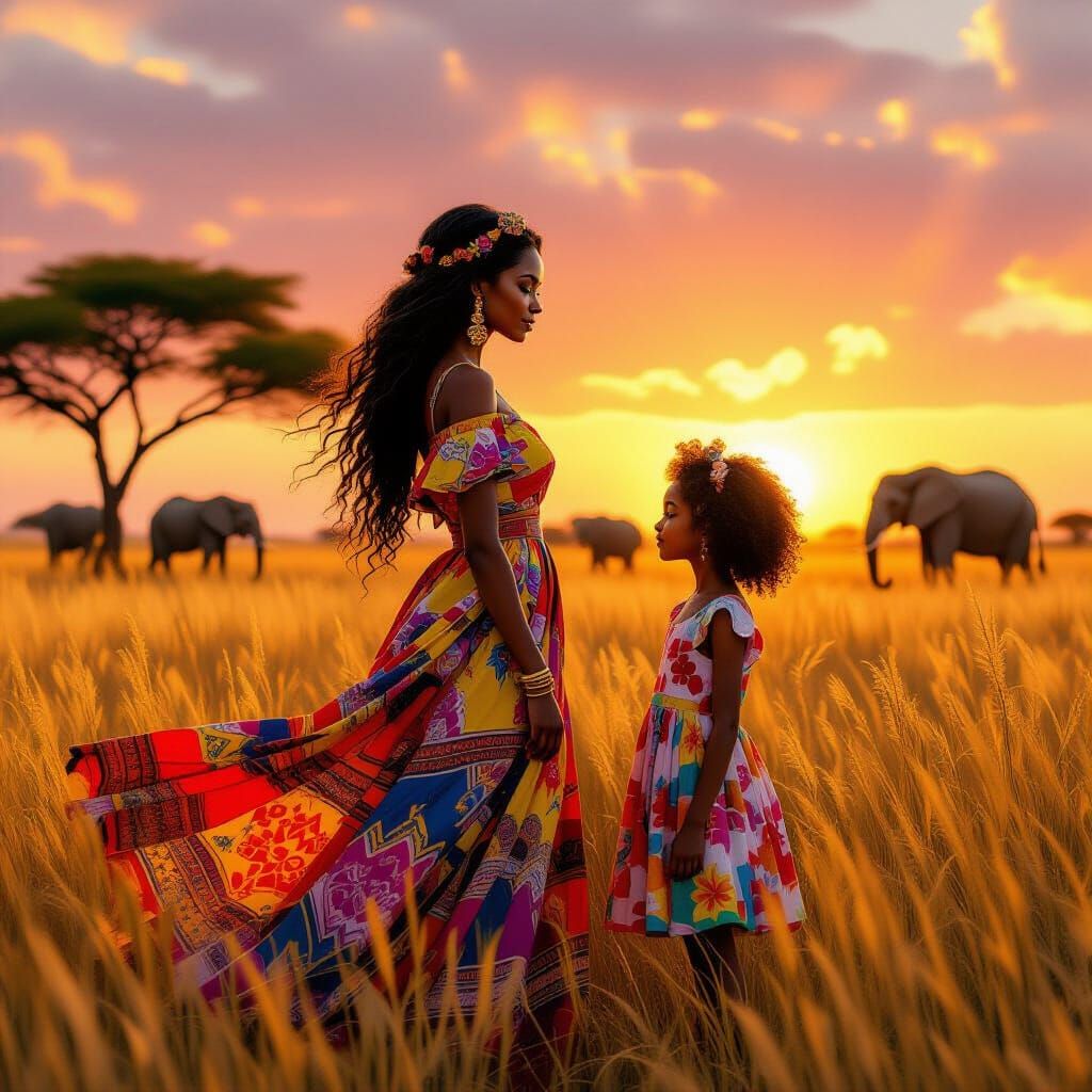 Woman and Girl in Golden Savannah Landscape