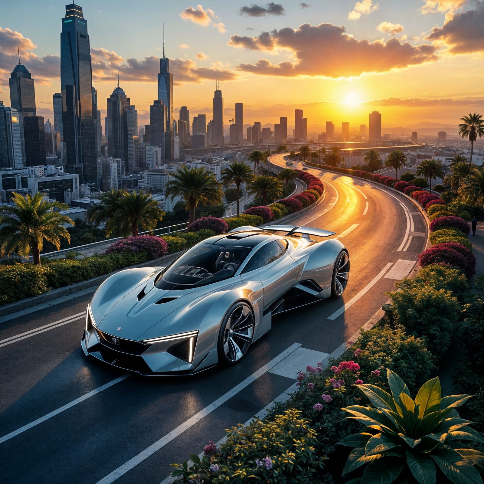 Futuristic Car Soaring Over Urban Cityscape