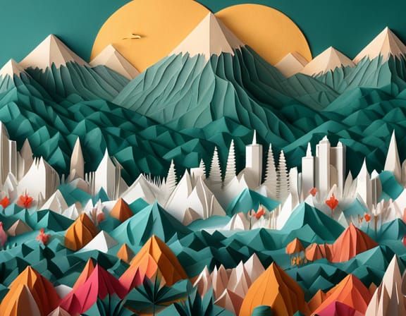 Paper Sculpture Cityscape with Forest Backdrop