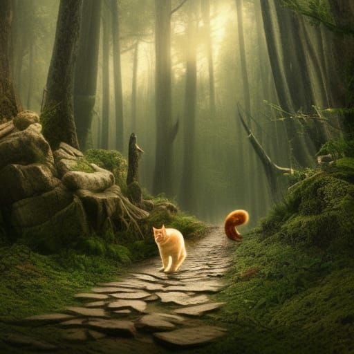 Cat Hiking in Forest: Digital Matte Painting