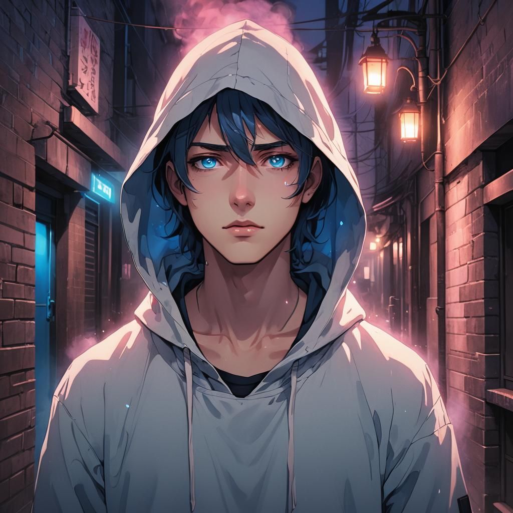 Anime-Style Young Man in Smoky Alley with Cigarette