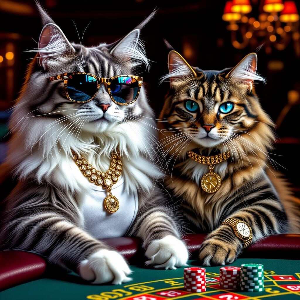 Cats Playing Roulette in a Casino, Photorealistic Style