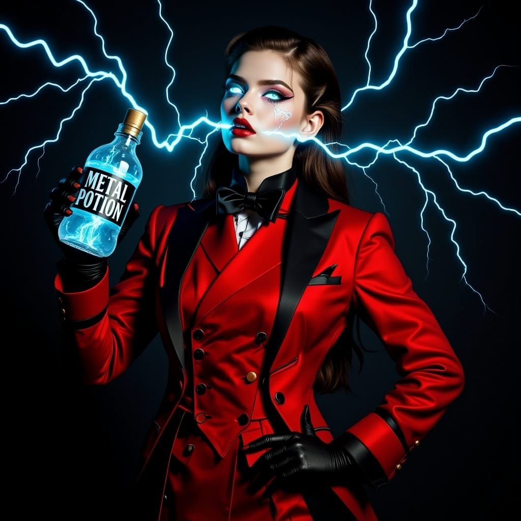 Gothic Lady Drinks Metal Potion with Lightning