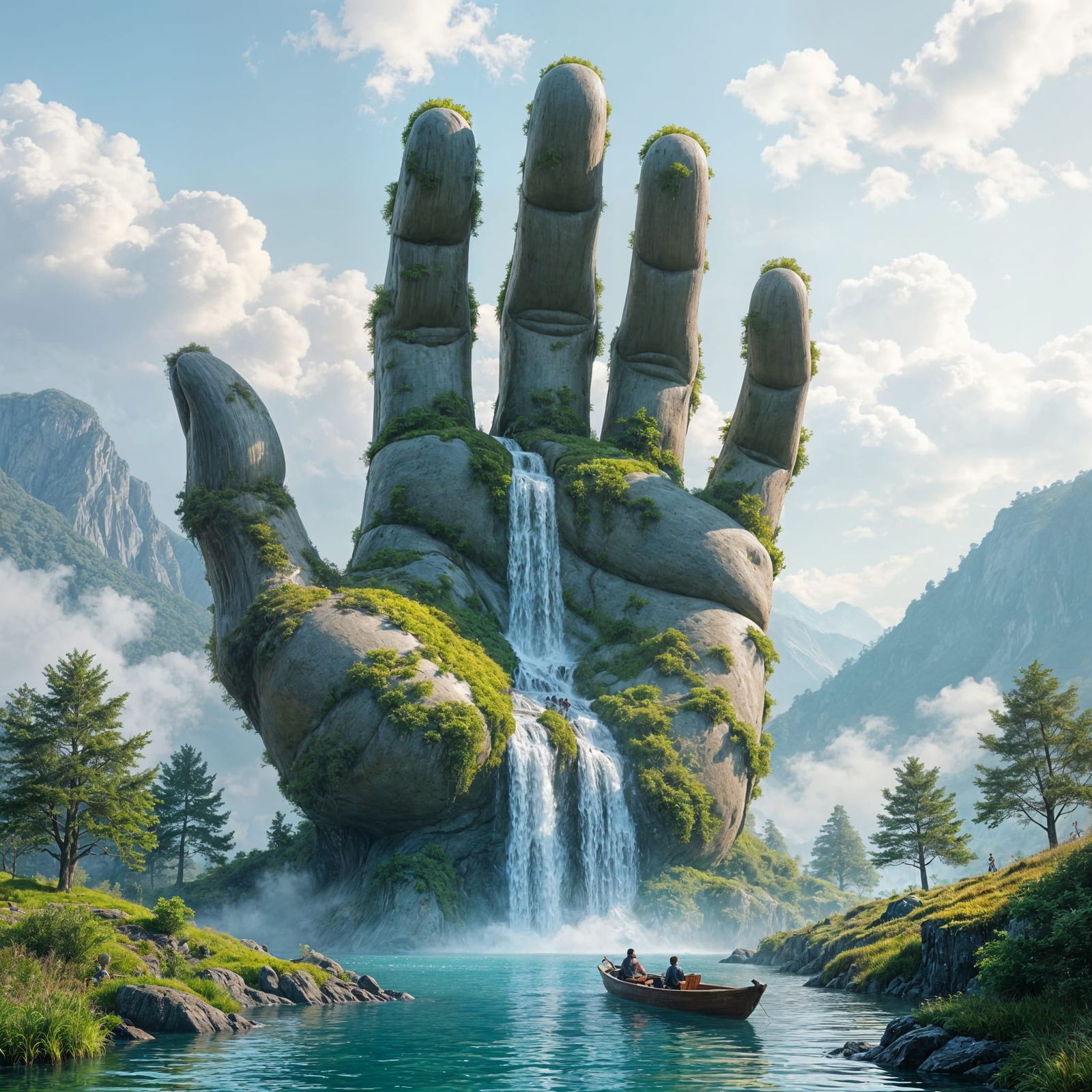 Surreal Giant Hand Landscape with Waterfall and Boat