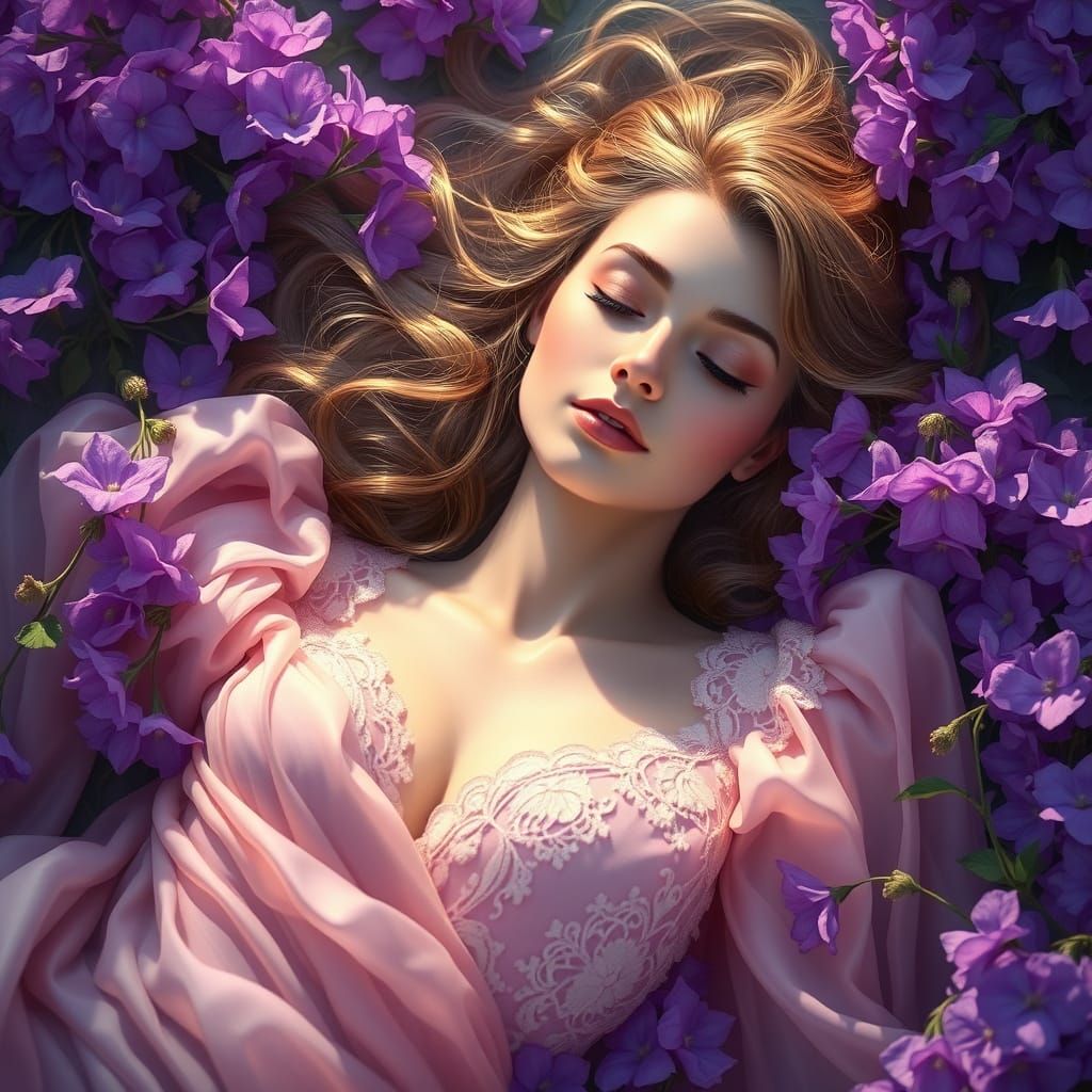 A serene woman lies amidst a sea of vibrant purple flowers, her elegant attire shimmering. Soft light bathes the scene i...