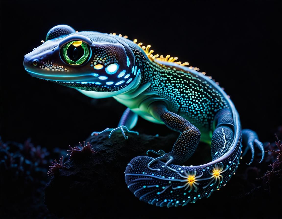 Bioluminescent Salamander on Glowing Flower