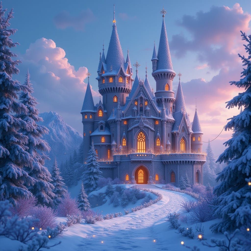 Enchanted Fantasy Castle Under Vibrant Winter Skies
