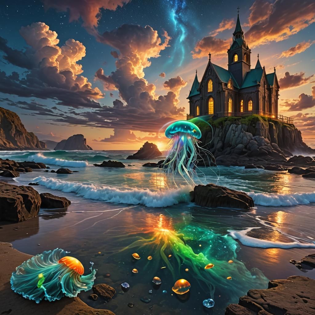 Jellyfish Attack on Leprechaun at Sunset, 8K