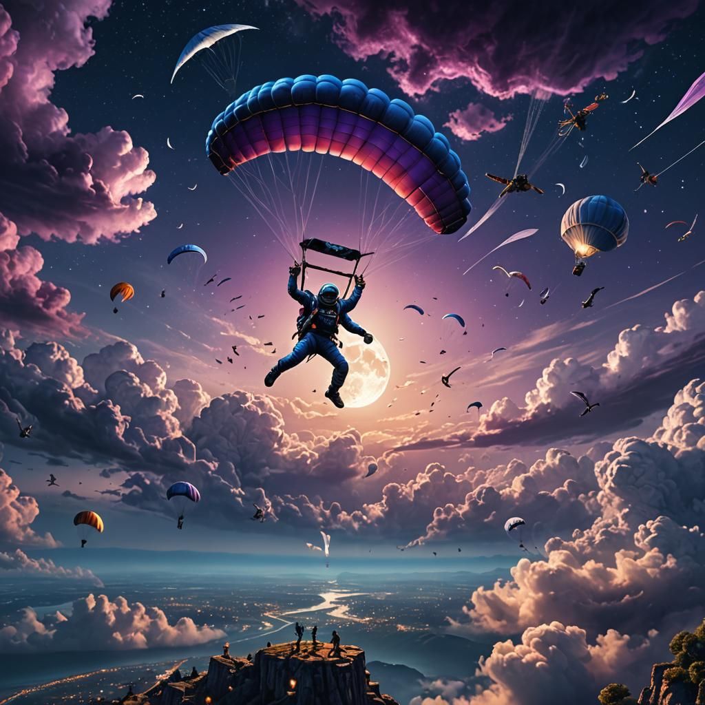 Moonlit Skydiver in Detailed Matte Painting