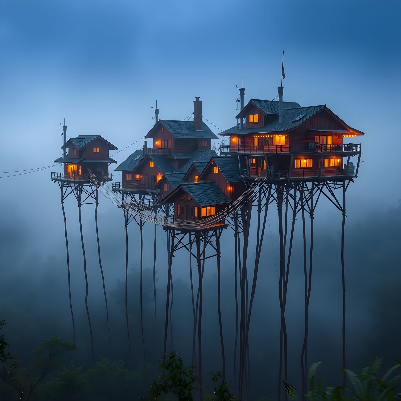 Wooden homes towering on stilts