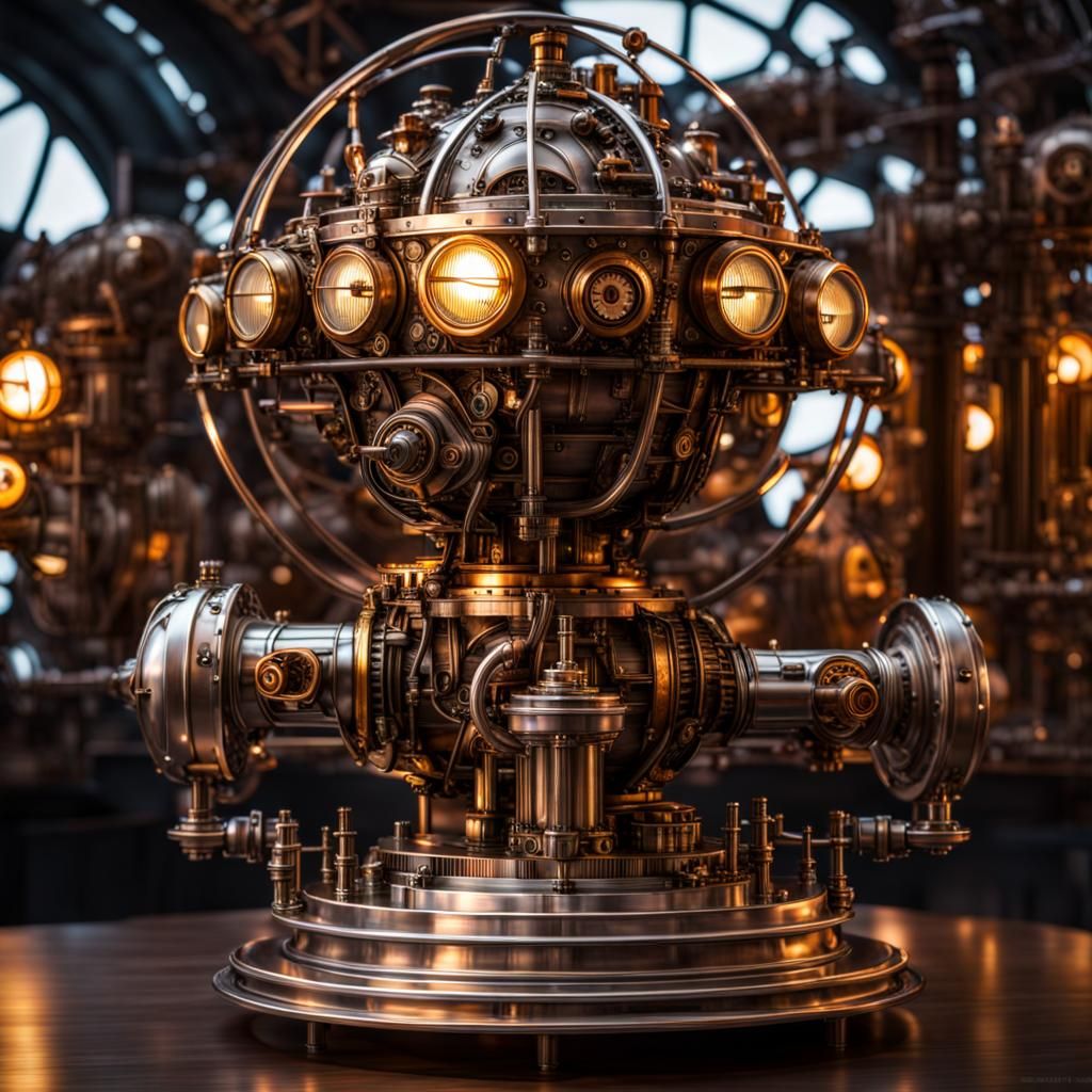Steampunk Atomic Model in Victorian Cityscape
