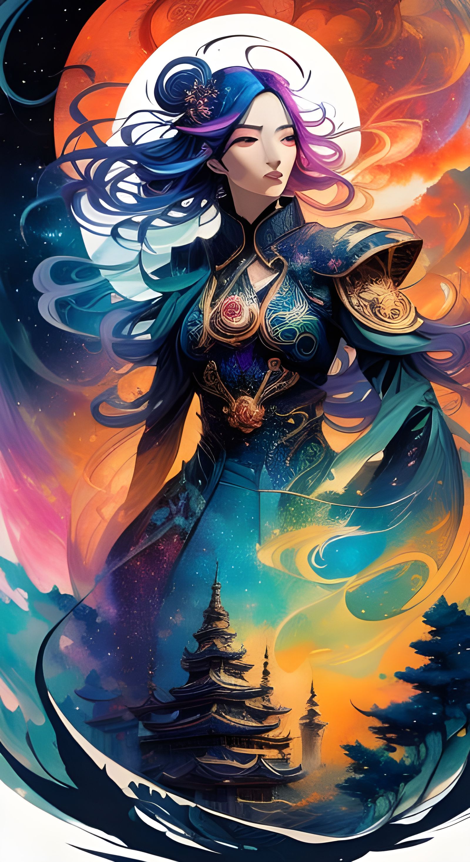 Rainbow Haired Woman Contemplating Cosmic Nebula