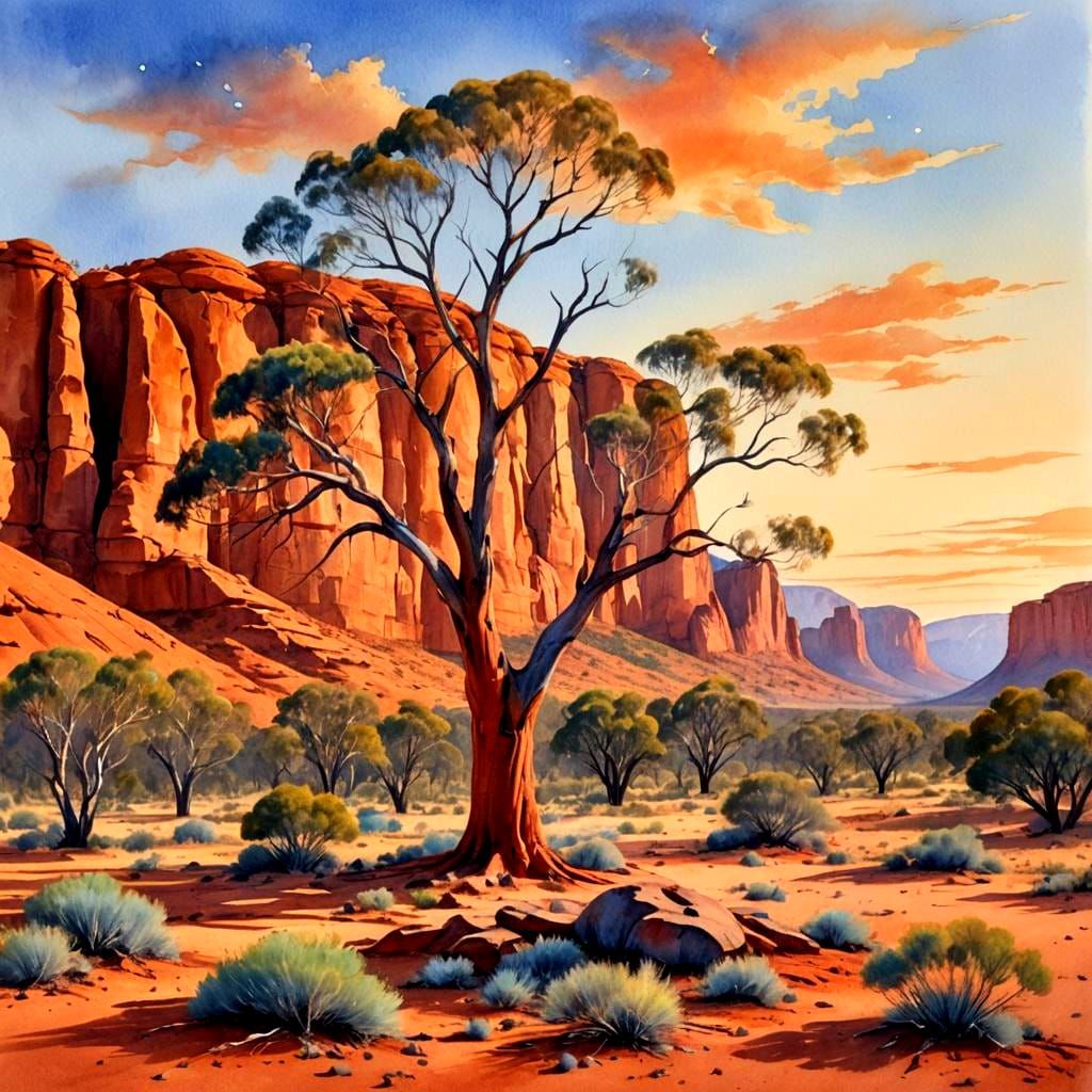 Australian Outback Landscape in Watercolor Style