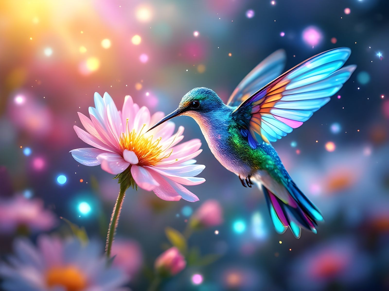 Vibrant Hummingbird in an Iridescent Glowing Garden