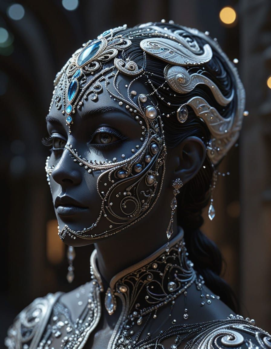 Elven Maiden with Jeweled Mask in Baroque Palace
