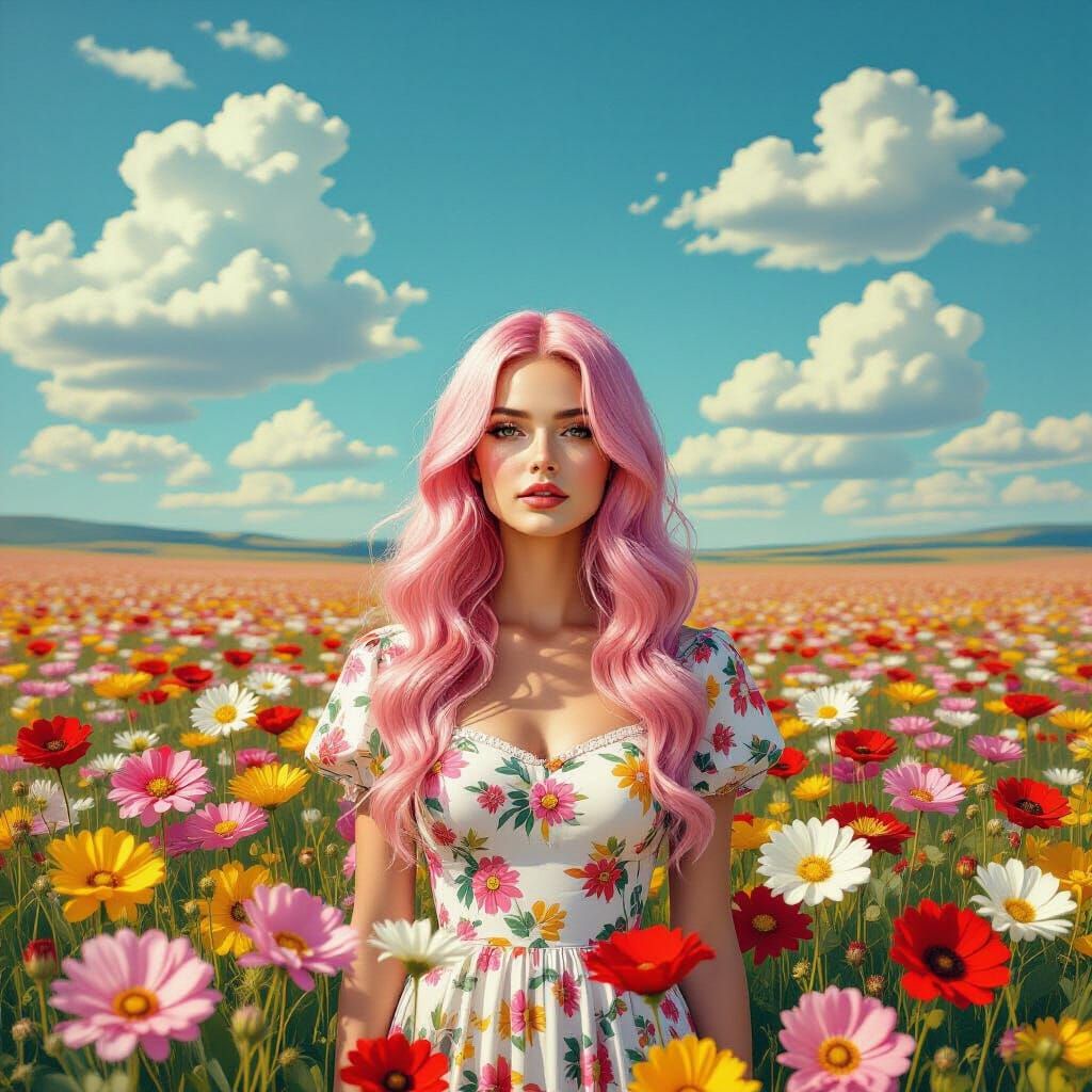 Pink Haired Woman in Surreal Floral World
