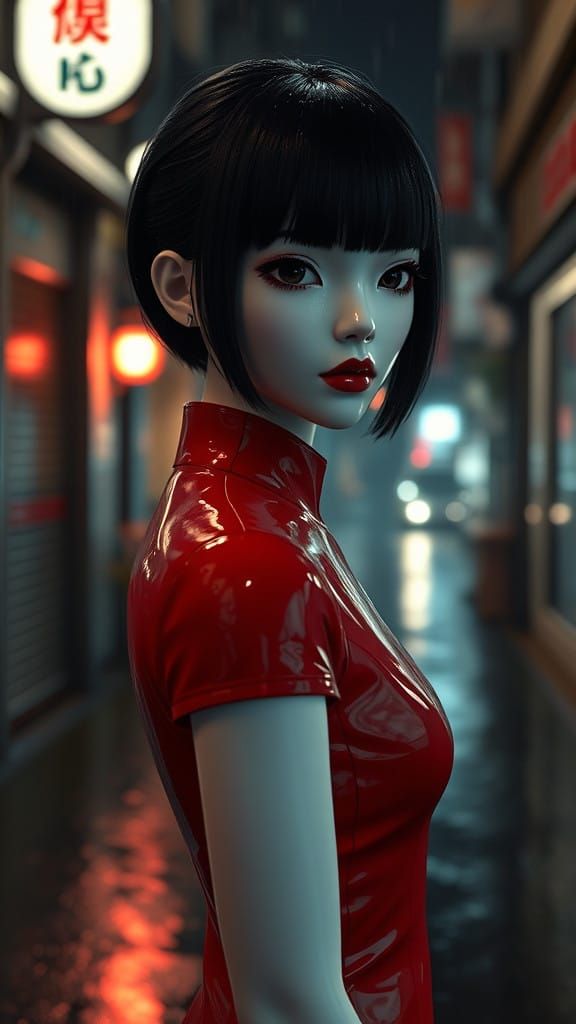 Soulless Mannequin in Rain-Soaked Japanese Alleyway