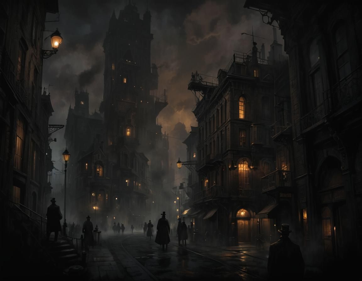Noir Steampunk City Painting: Secrets and Danger