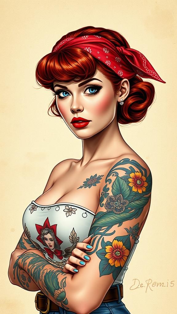 Retro-style pinup art. Medium shot. A beautiful Rockabilly F...