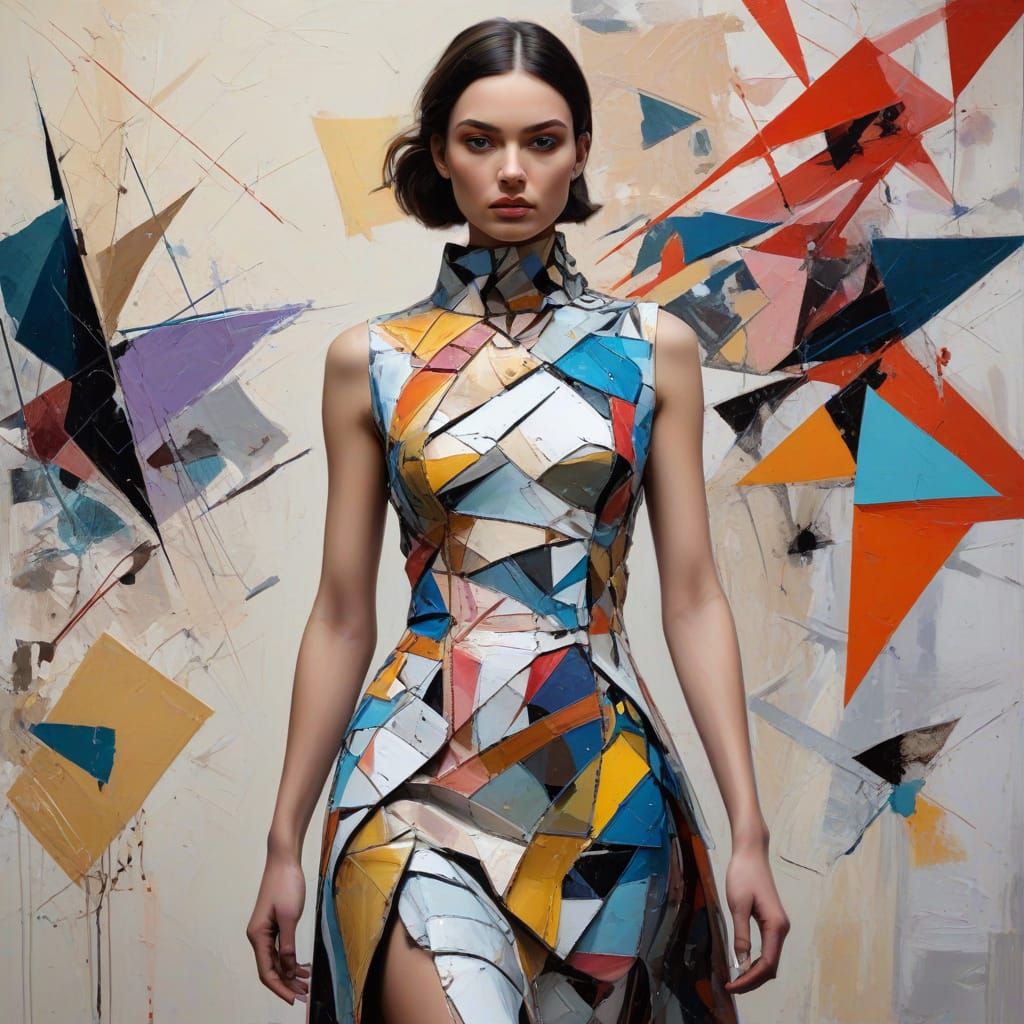 Avant-Garde Haute Couture in Cubist Oil Painting Style