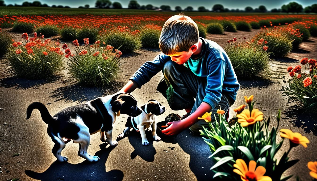 Boy Playing with Puppies in Flower Field