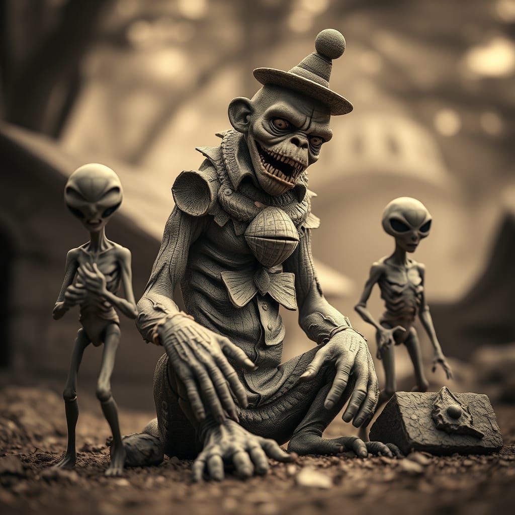 Surreal Zombie Monkey Monster Clown Sculptures in Sepia Tone