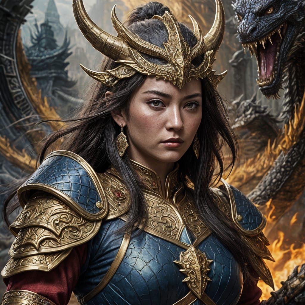 Fearsome Female General in Ornate Gold Dragon Armor
