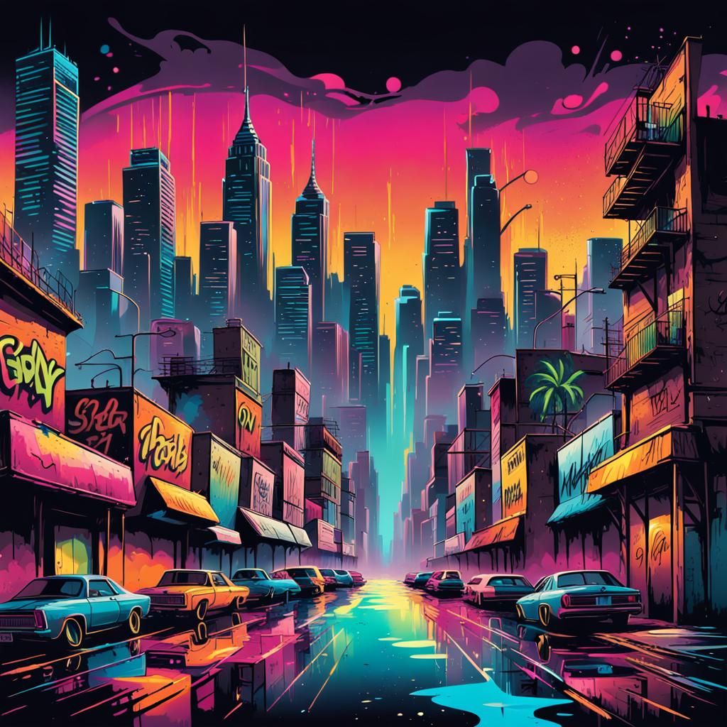 Neon Cityscape in Retro Vector Art Style
