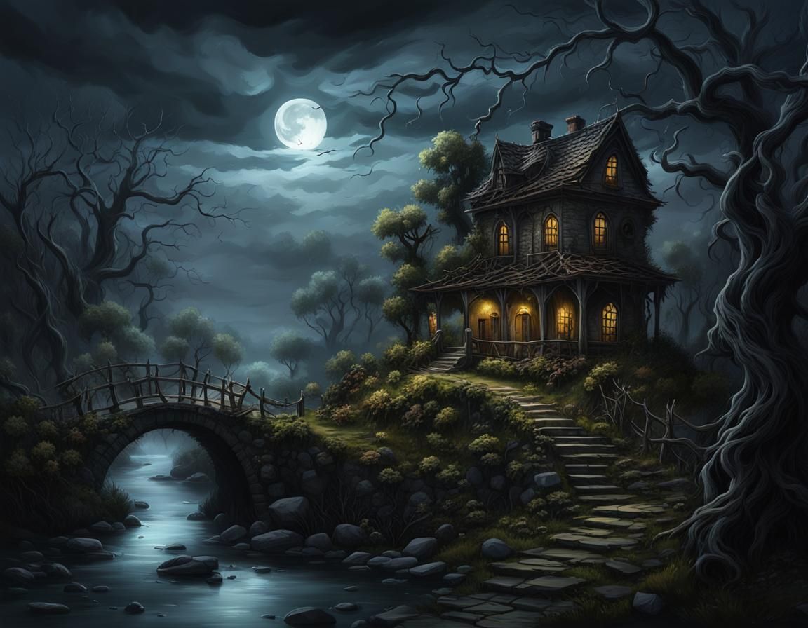 Spooky Abandoned House by River in Gloomy Digital Painting