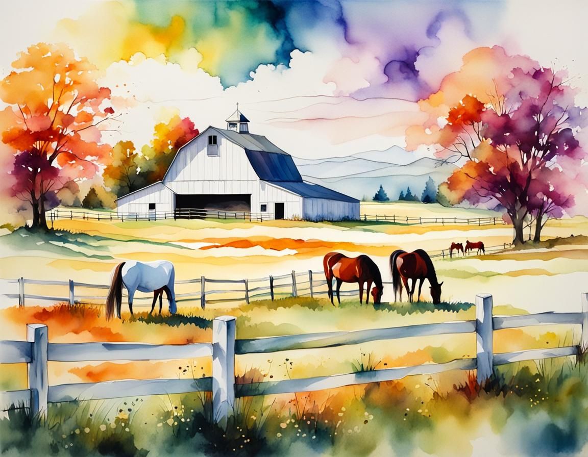 Pastoral Barn Landscape in Watercolor Style