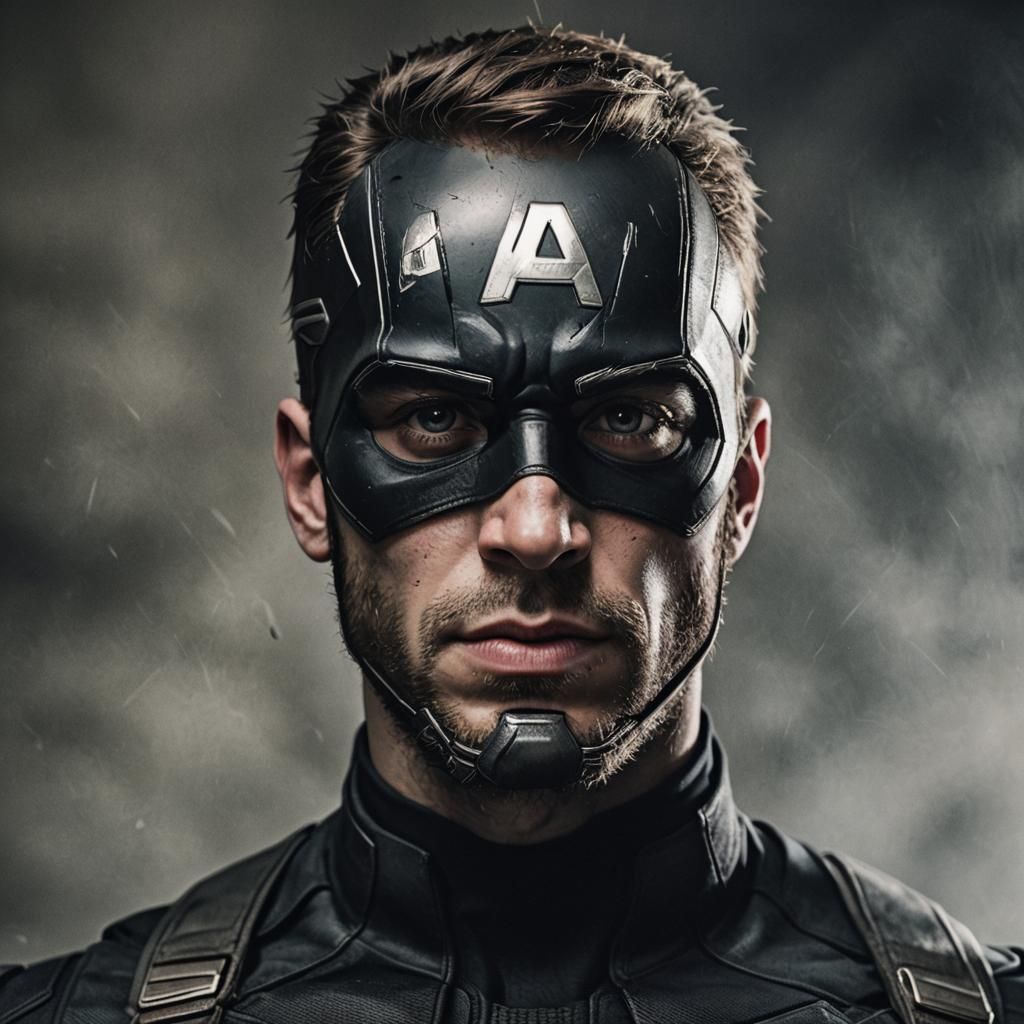 Captain America in All-Black Suit, Close-Up Portrait