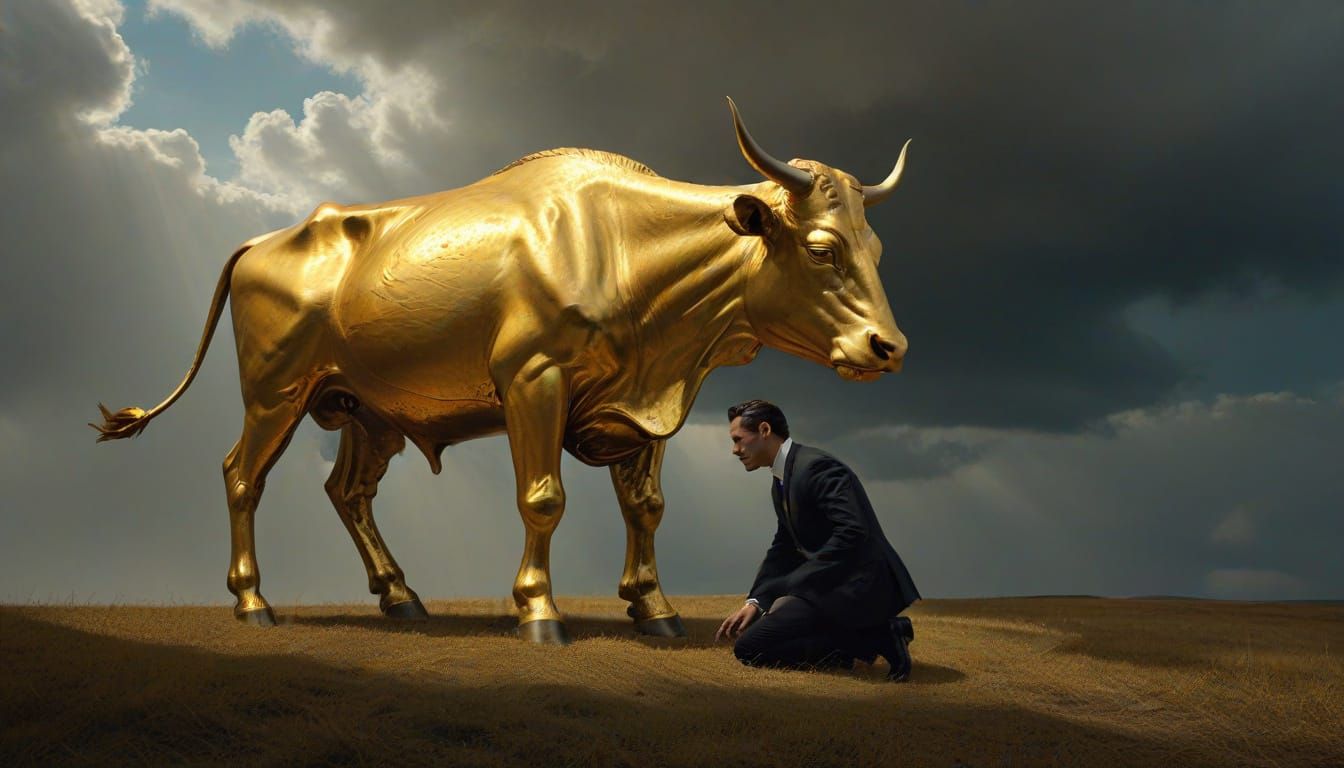 Surreal Businessman Surrenders to Golden Idol