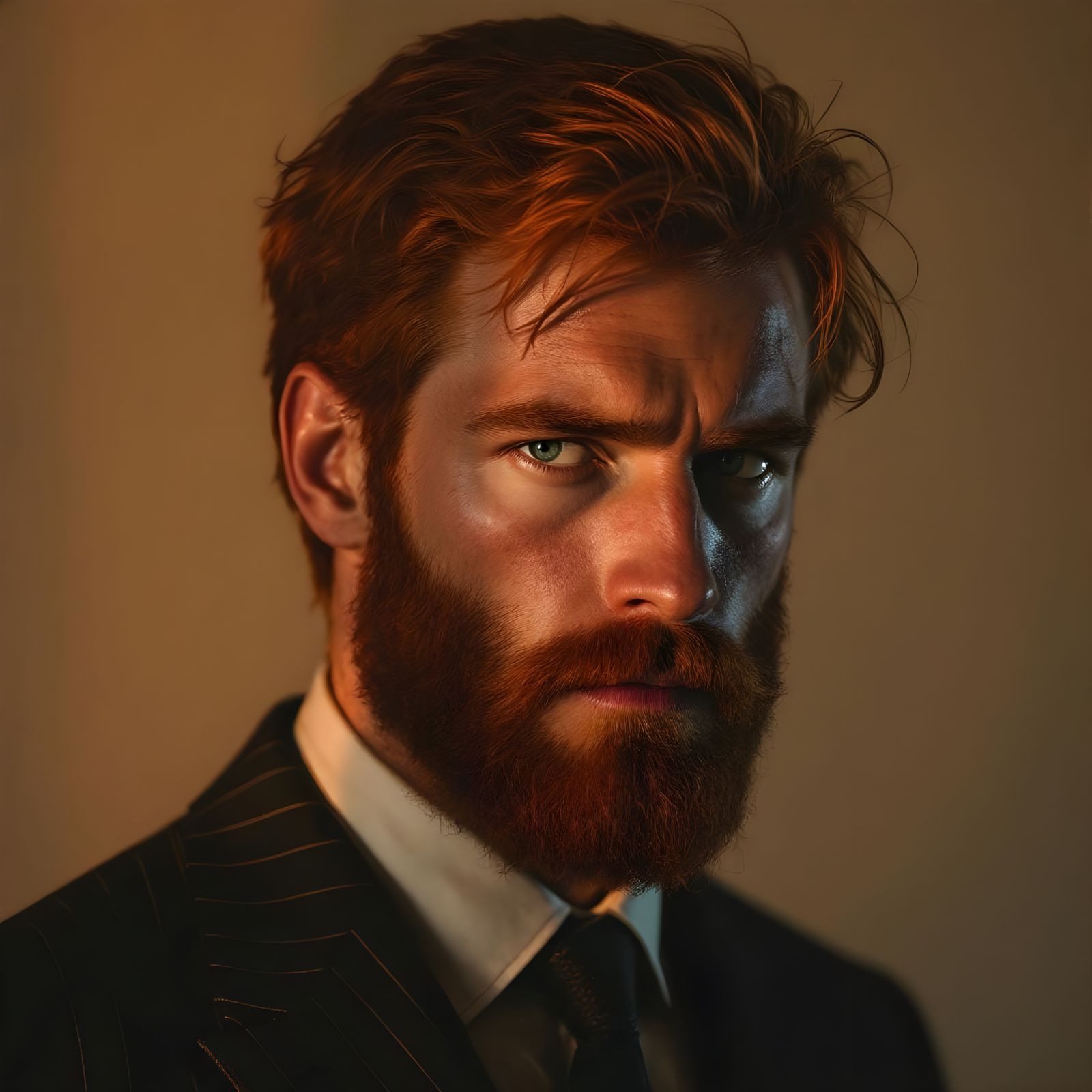 Contemplative Redhead Portrait in Pinstripe Suit