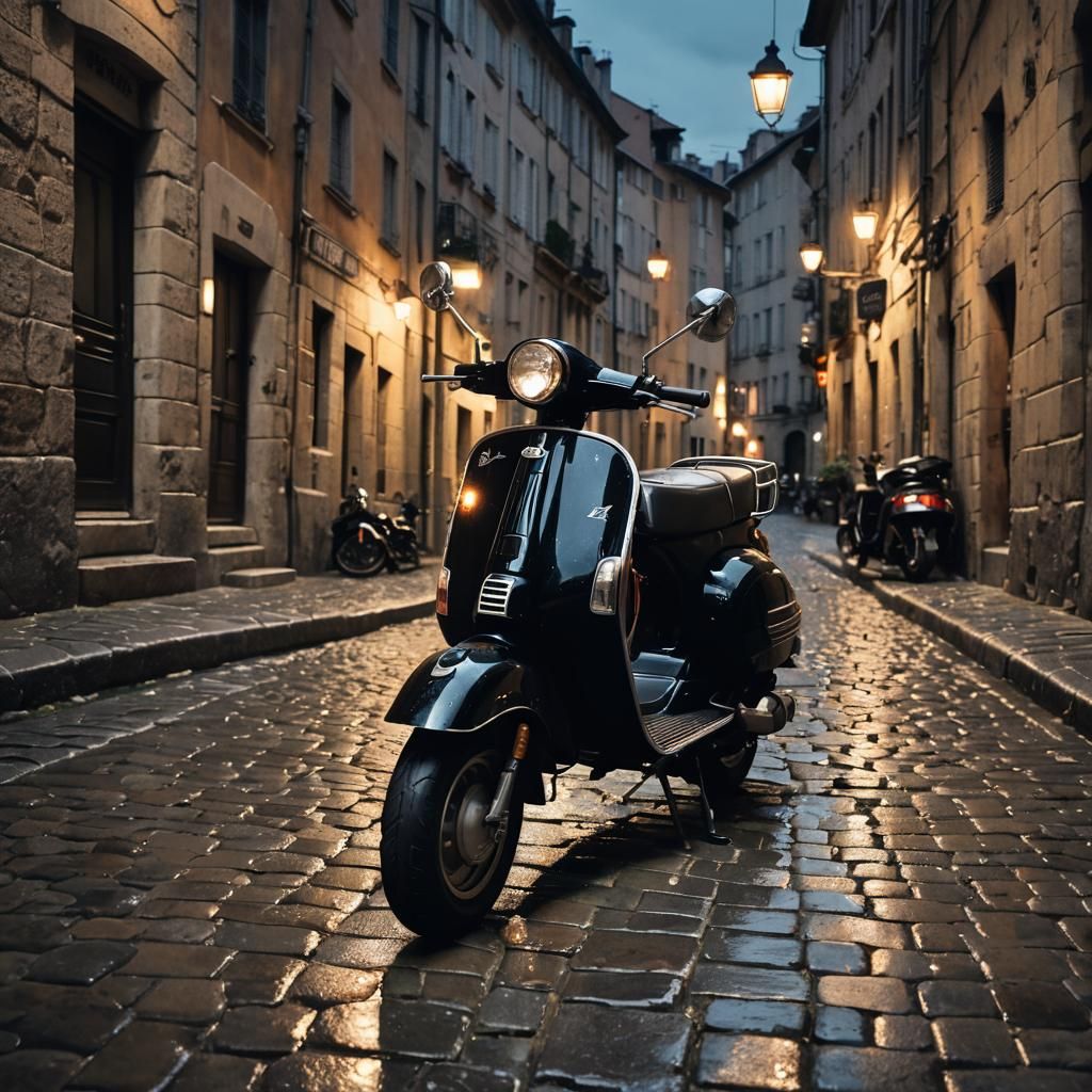 Vintage Vespa PX 150 in Rainy Lyon: Impressionist
