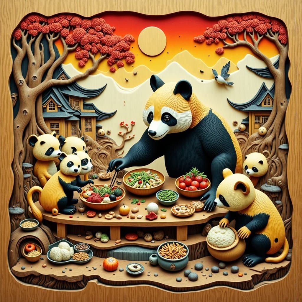 Vibrant Panda Food Stand in Whimsical Woodcut Style