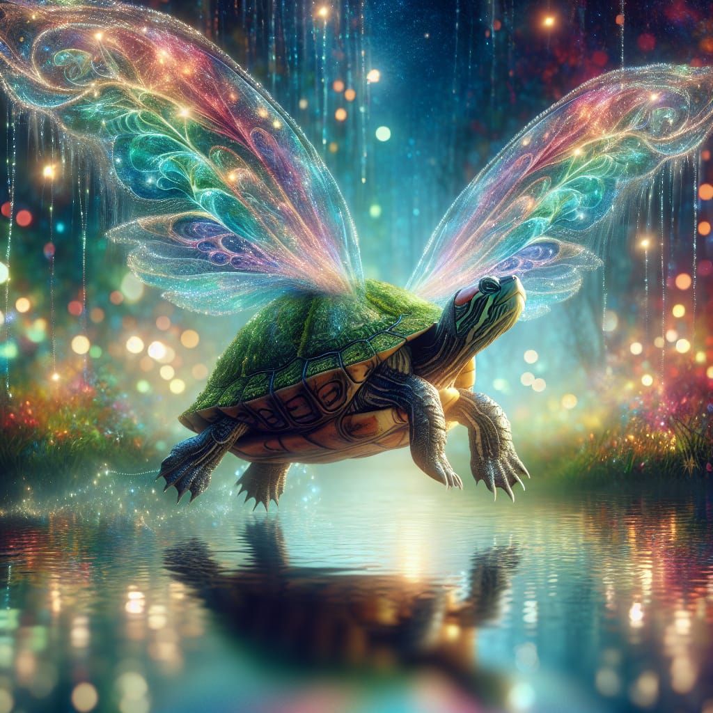 Winged Turtle Hovering Over Enchanted Pond