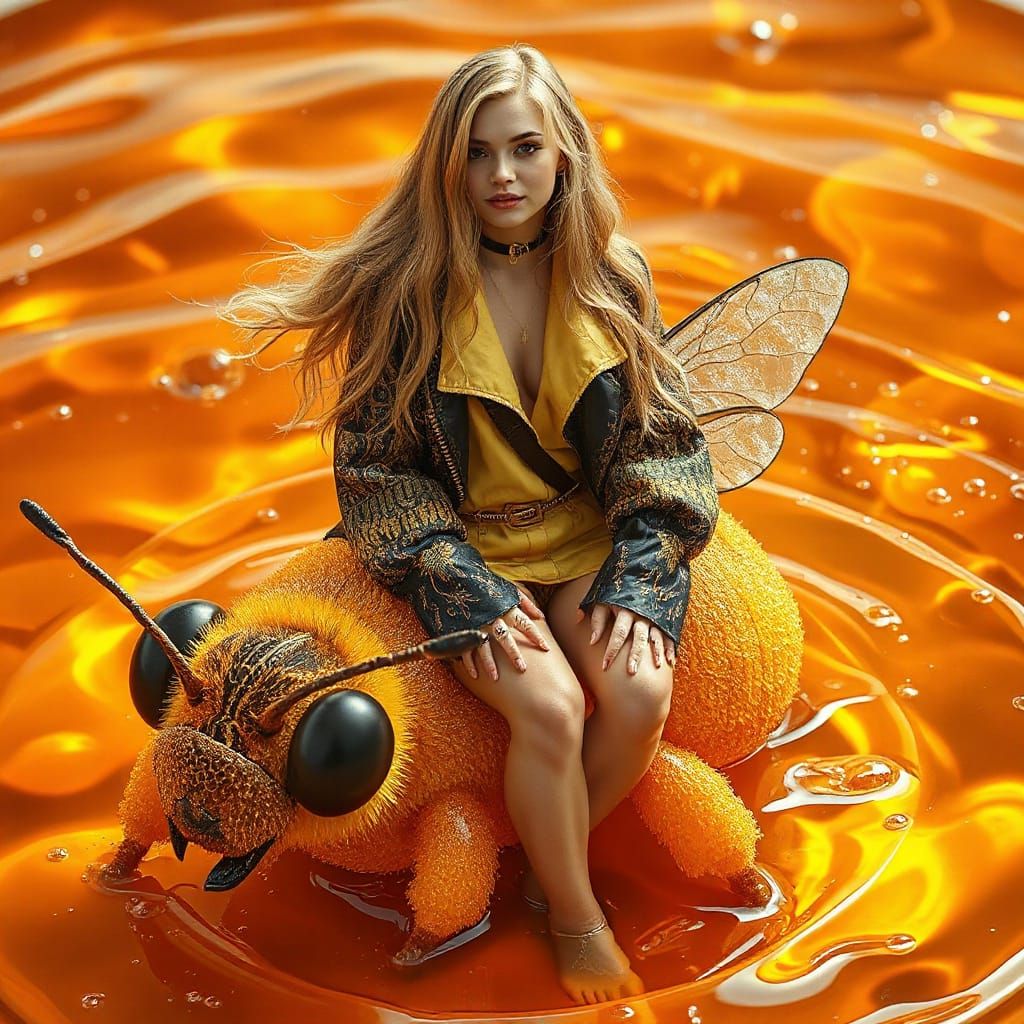 Golden Haired Woman on Gummy Bee in Honey Sea