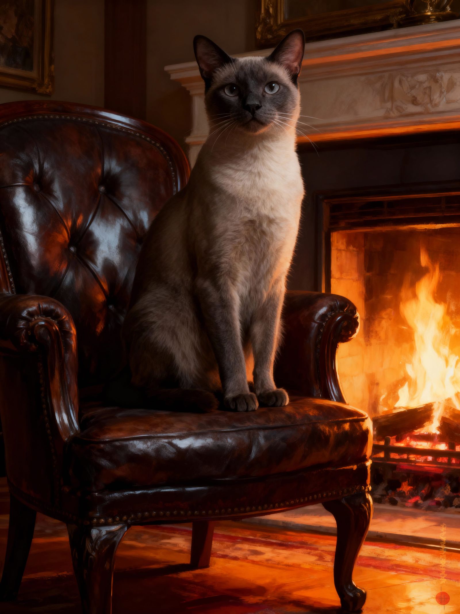 Majestic Siamese Cat on Leather Chair by Fireplace