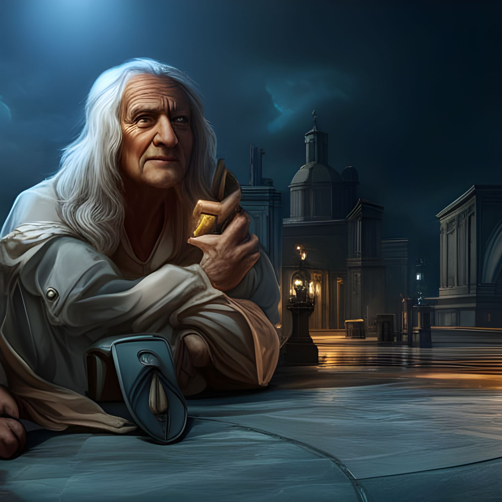 Leonardo da Vinci Chatting conjuring his magic cellphone