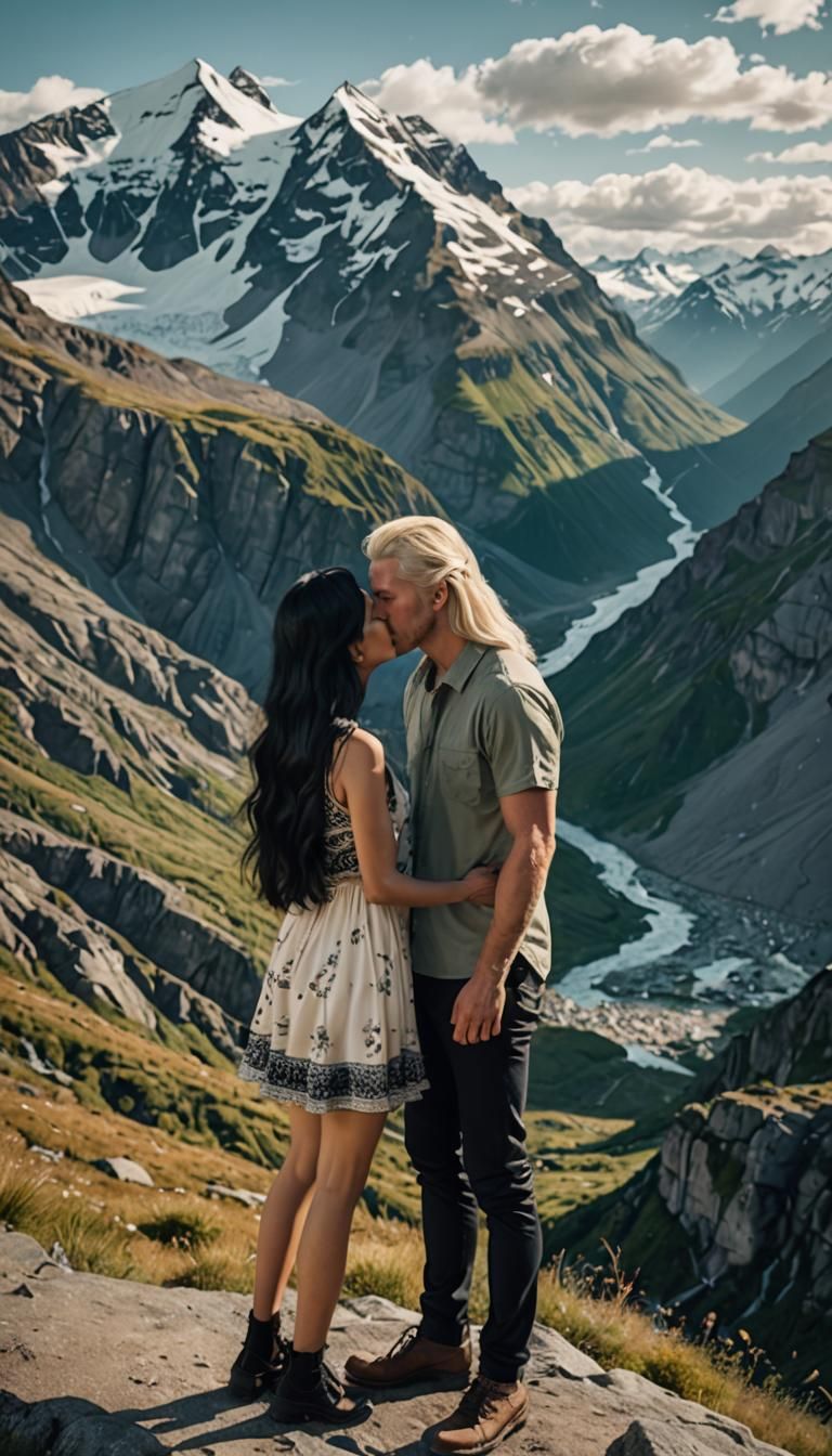 Young Woman Kissing Man with Mountain Backdrop