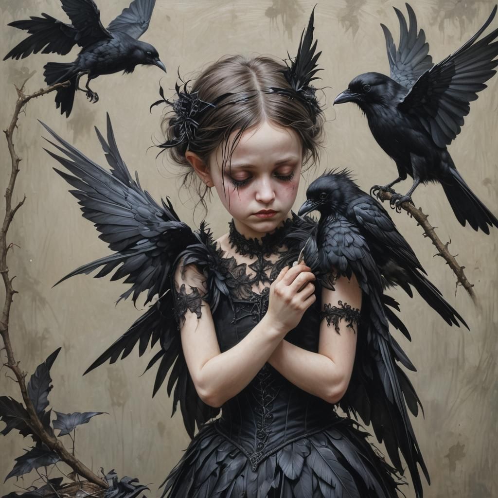 Gothic Fairy Cleaning Crow Feathers: Hyperrealism
