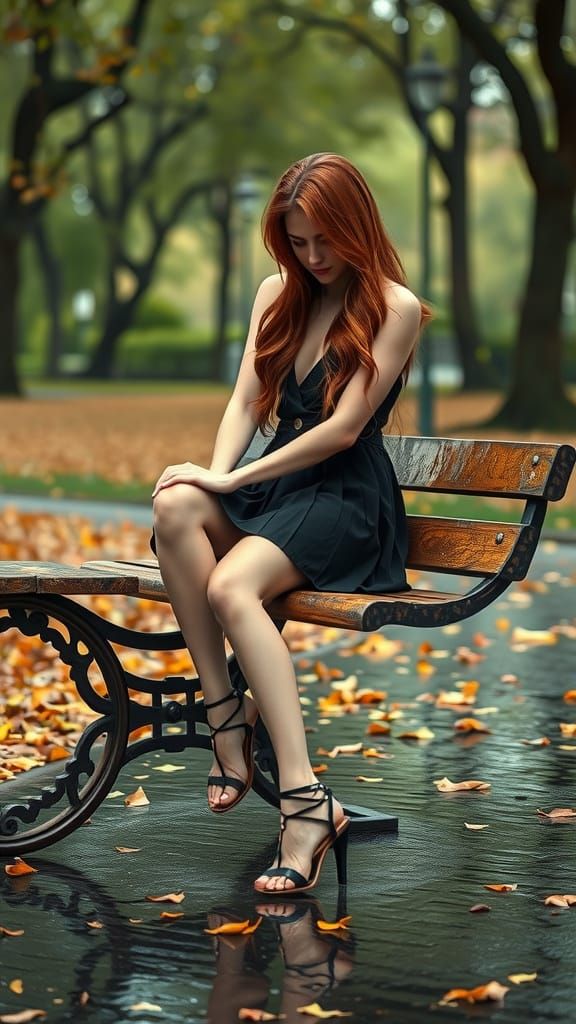 Auburn-Haired Woman on Park Bench with Dynamic Lighting