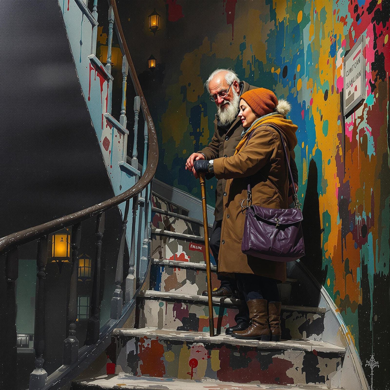 Elderly Couple Climbing Stairs in Expressive Mixed Media