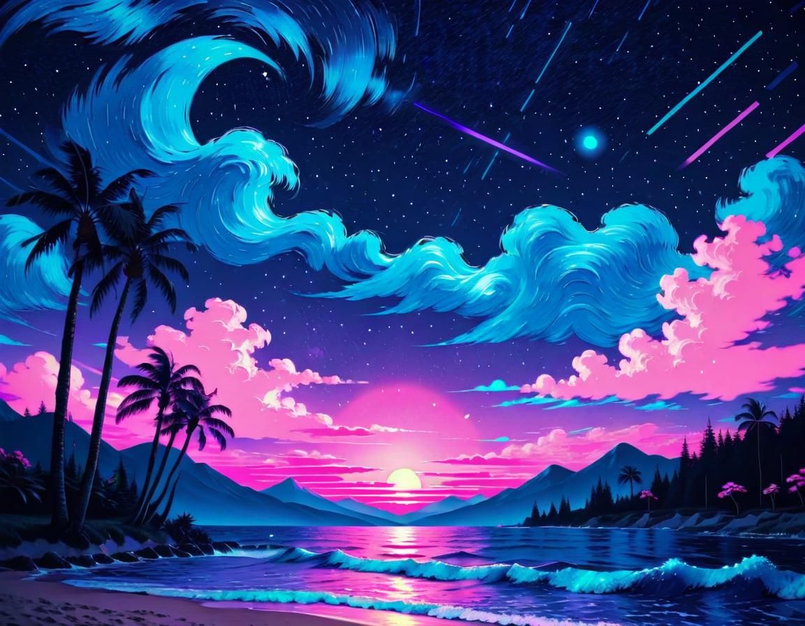 Vaporwave Starry Night Inspired by Van Gogh