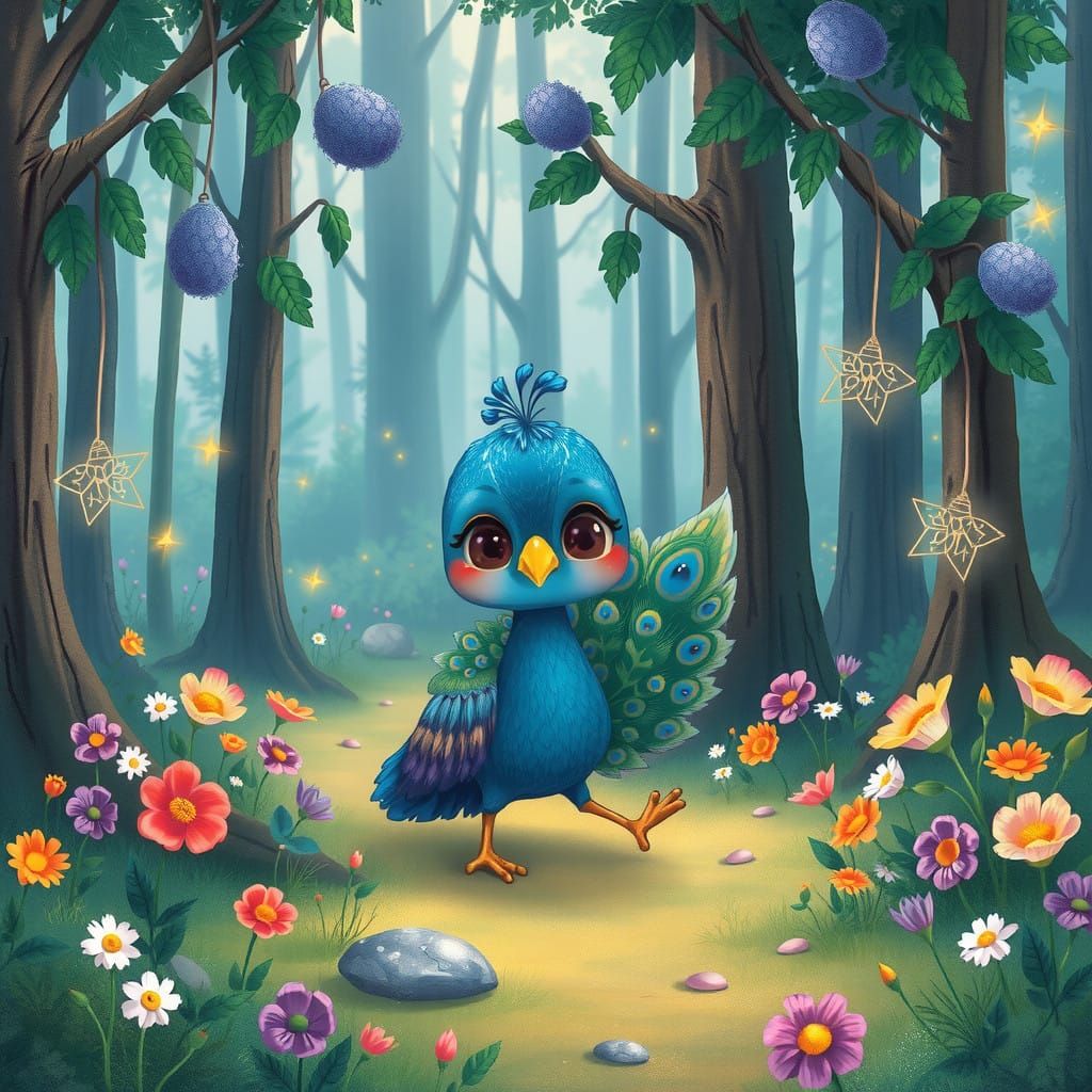 Whimsical Chibi Peacock in Miyazaki-Inspired Forest