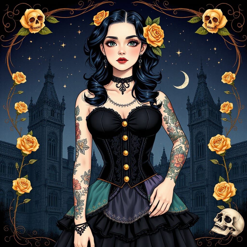 Gothic Pin-Up Girl with Tattoos and Gold Roses