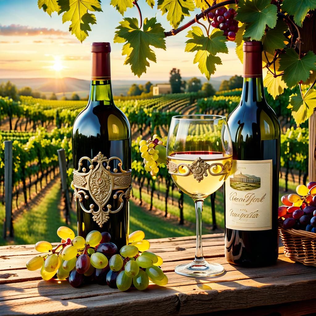 Ornate Wine Bottle in Vineyard: Oil Painting