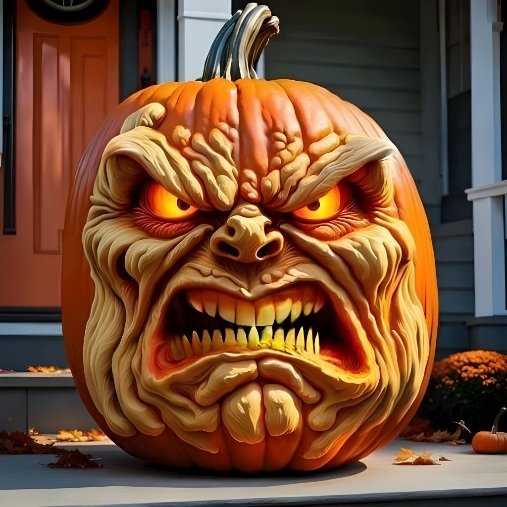 Hyperrealistic Relief Sculpture of Angry Pumpkin Face