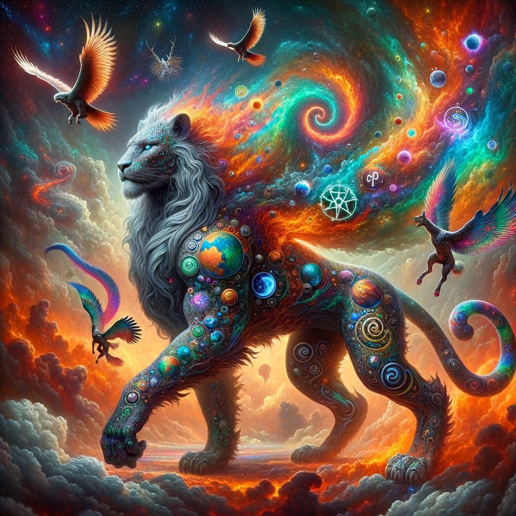 Iridescent Dragon-Lion Hybrid with Astrology Tattoos